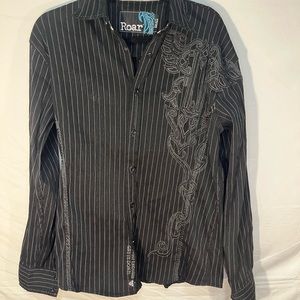 Roar Mens‎ Certitude Embroidered Button Up Shirt Sz Small Black Striped stretch.